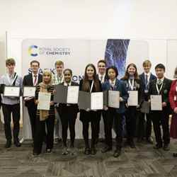 Professor Gill Reid and Dr Helen Pain flank the various award winners honoured at Science and the Parliament